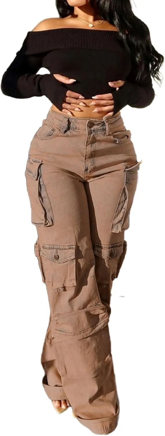 Vaceky Denim Baggy Jeans Women Straight Leg Y2K Distressed Cargo Joggers with Pockets