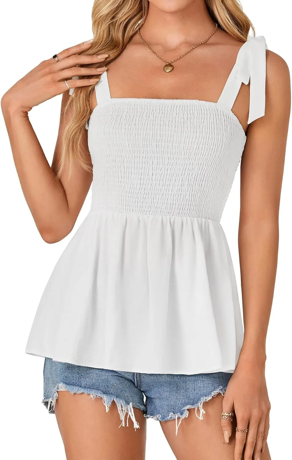 Vrtige Women's Casual Tie Shoulder Shirred Ruffle Hem Strappy Sleeveless Tank Blouse Peplum Top