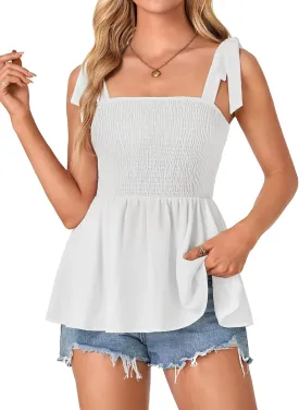 Vrtige Women's Casual Tie Shoulder Shirred Ruffle Hem Strappy Sleeveless Tank Blouse Peplum Top
