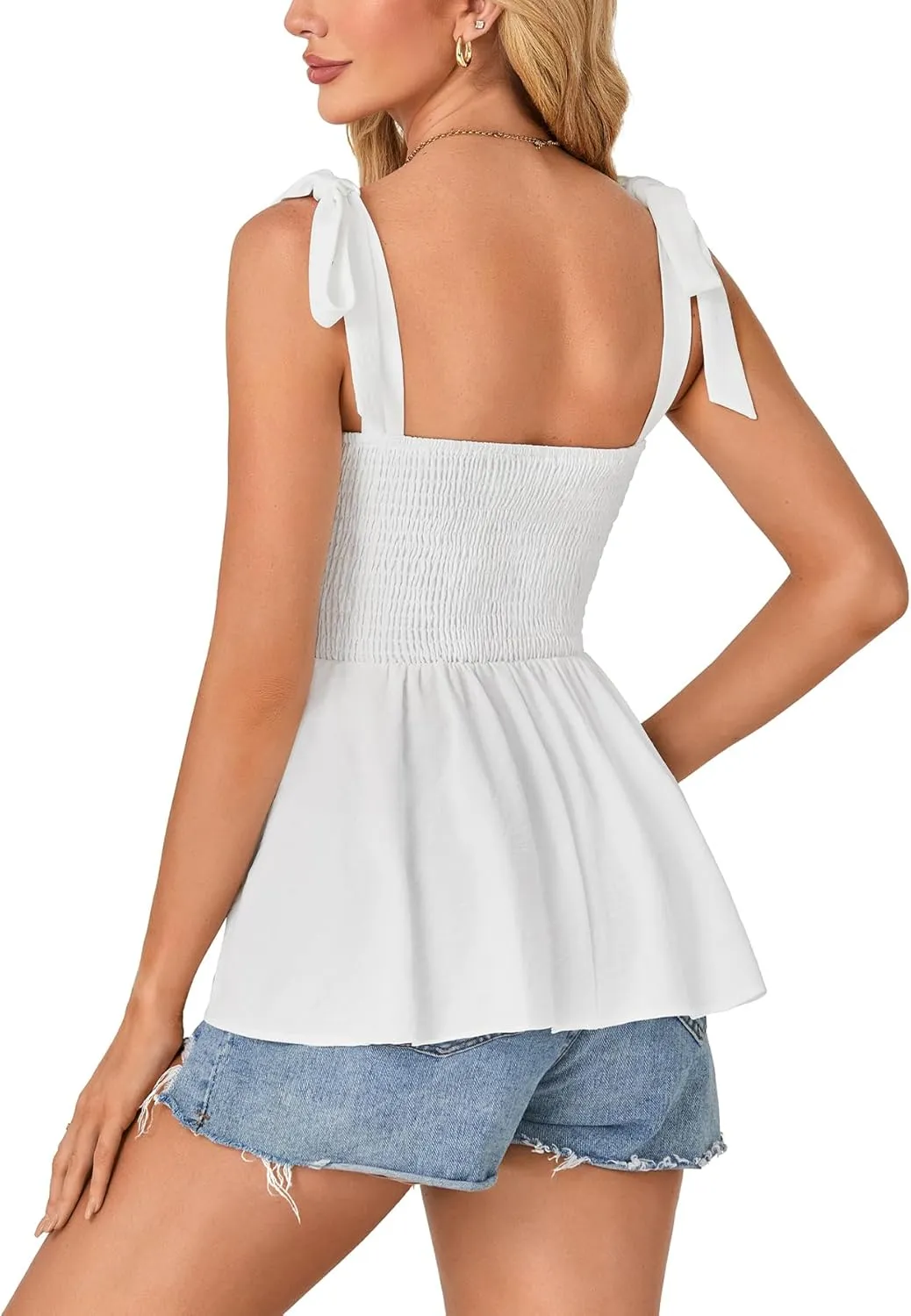 Vrtige Women's Casual Tie Shoulder Shirred Ruffle Hem Strappy Sleeveless Tank Blouse Peplum Top