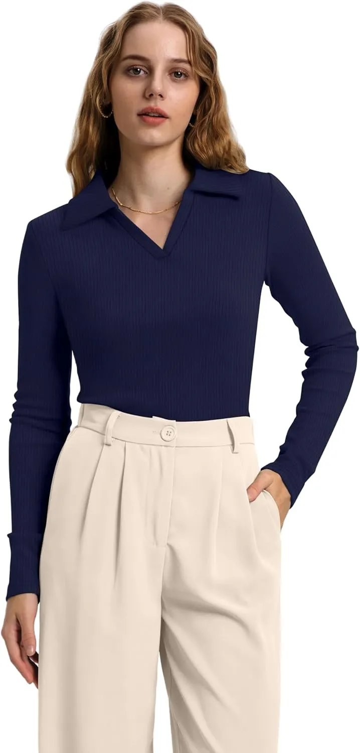 WIHOLL Womens Polo Shirts Long Sleeve Business Casual Tops Collared V Neck Ribbed Knit Sweater Slim Fit Blouses
