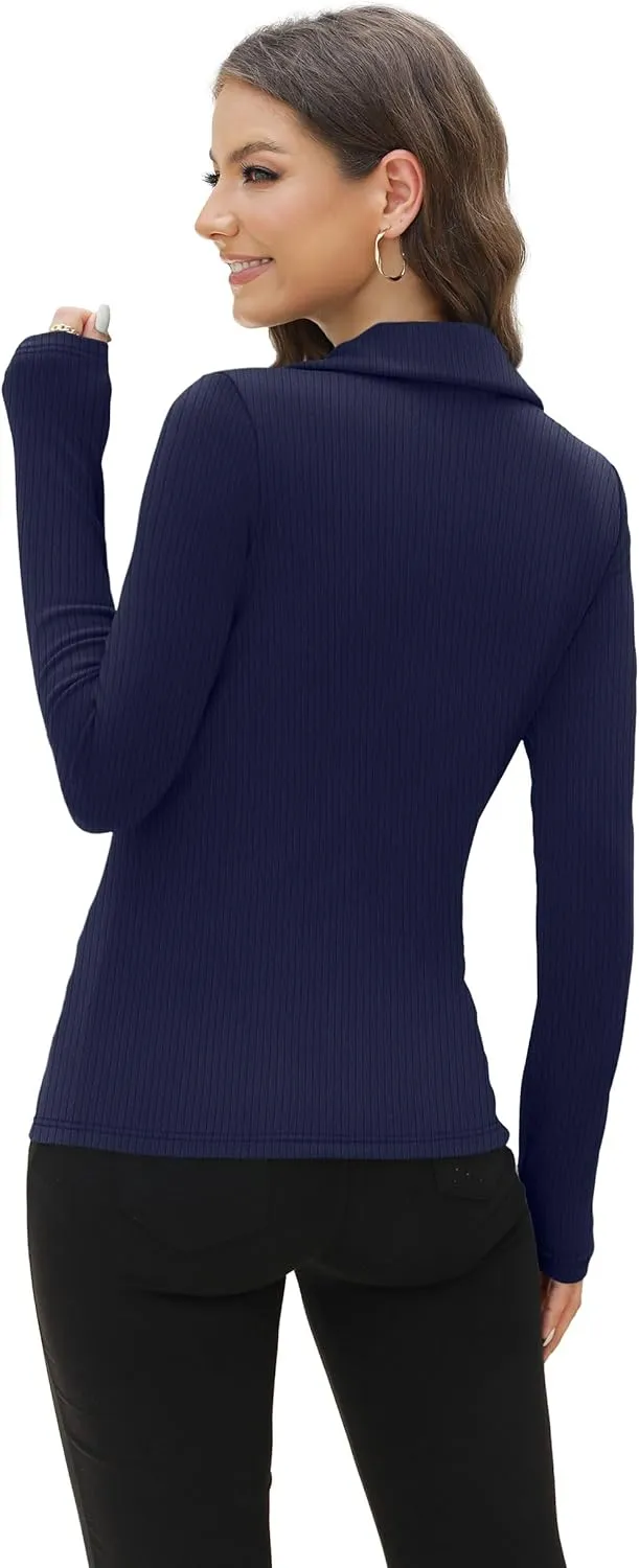 WIHOLL Womens Polo Shirts Long Sleeve Business Casual Tops Collared V Neck Ribbed Knit Sweater Slim Fit Blouses