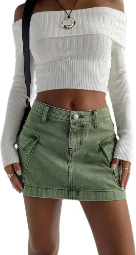 Women Denim Cargo Skirt with Pockets Y2k Low Waisted Mini Skirts Mid Rise Short Jean Skirt Streetwear