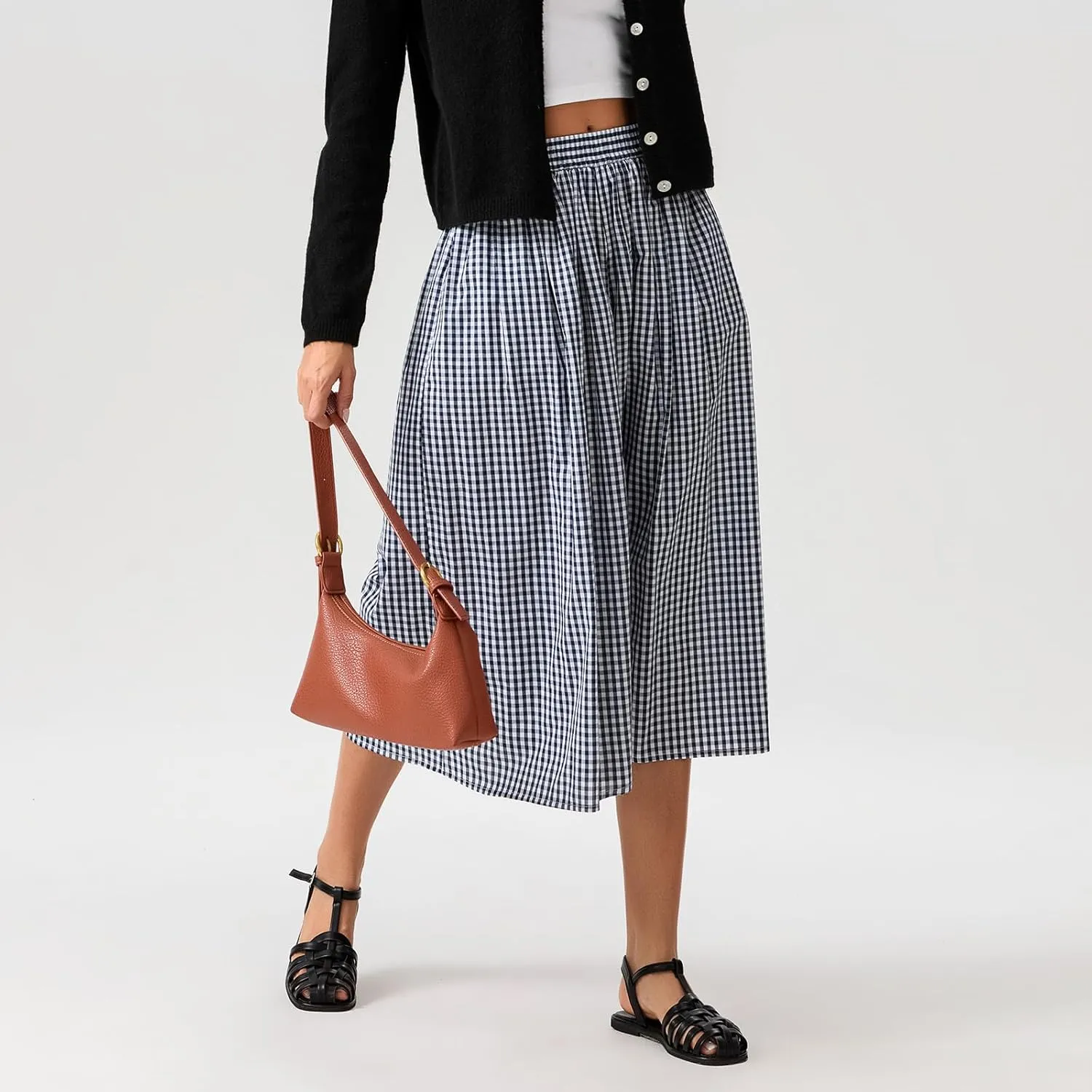 Women Plaid Wide Leg Culotte Pants Gingham High Elastic Waisted Capri Bottoms Casual Loose Cropped Trousers