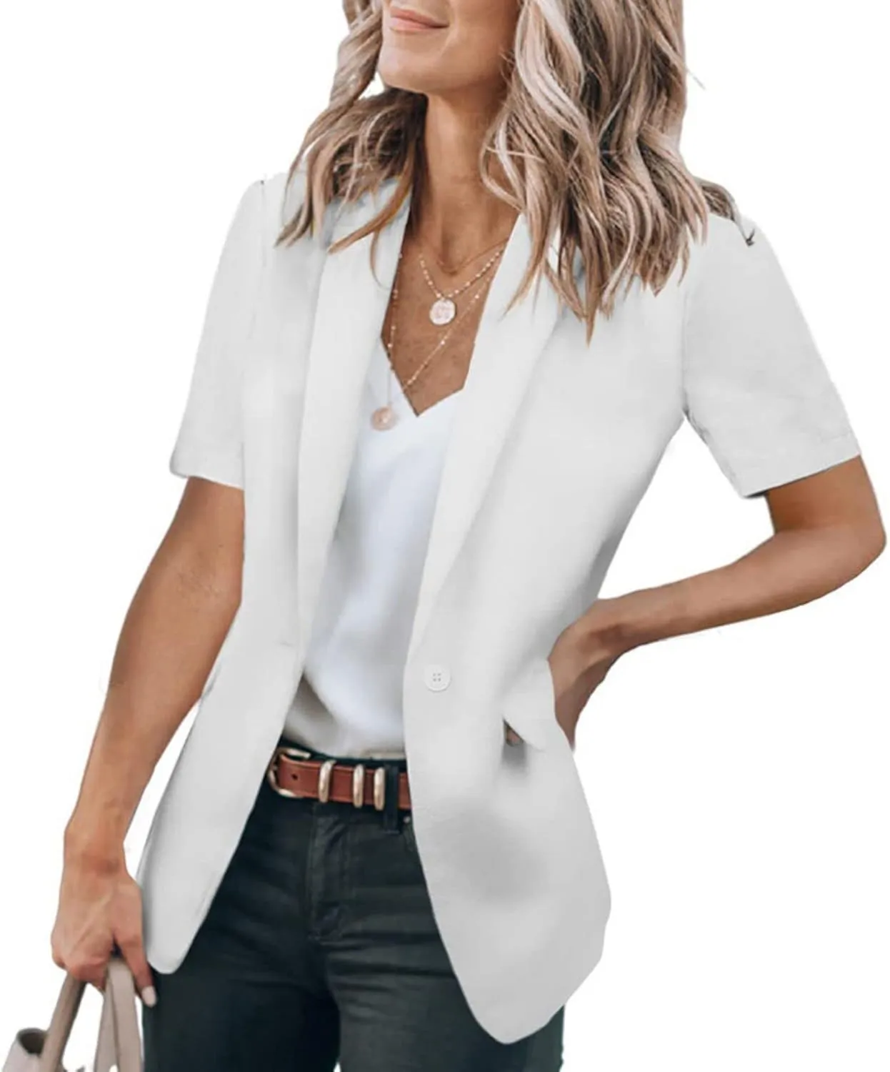 Women's Business Casual Blazers Short Sleeve Blazer Work Office Suit Jacket Open Front Lapel Coat with Pocket