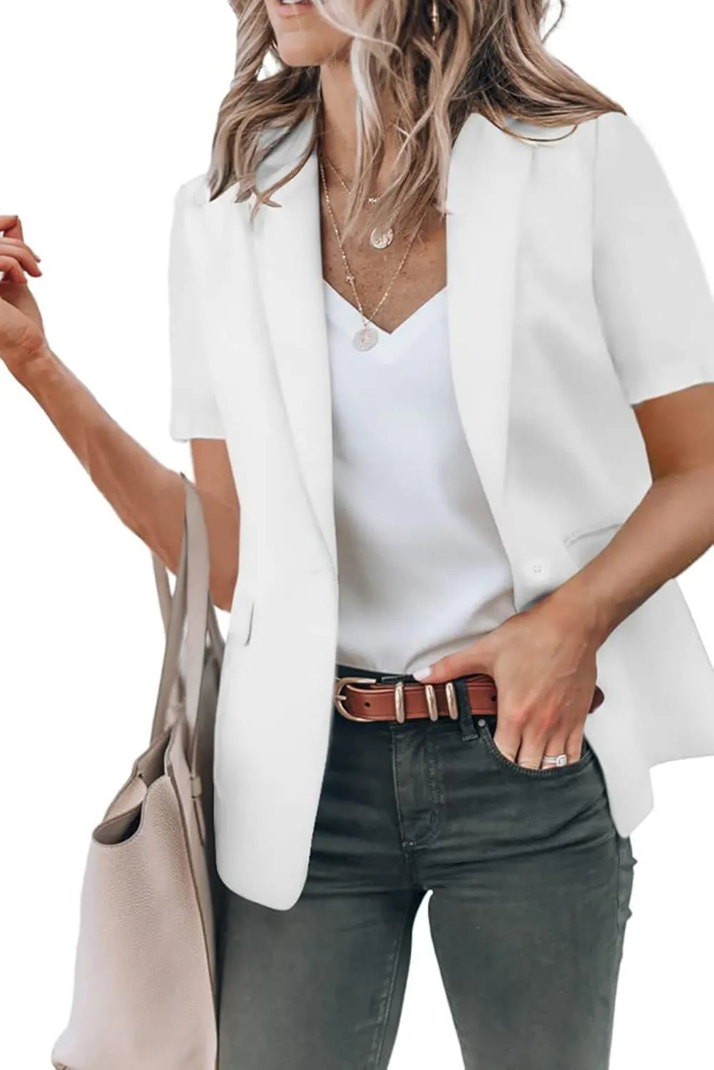 Women's Business Casual Blazers Short Sleeve Blazer Work Office Suit Jacket Open Front Lapel Coat with Pocket