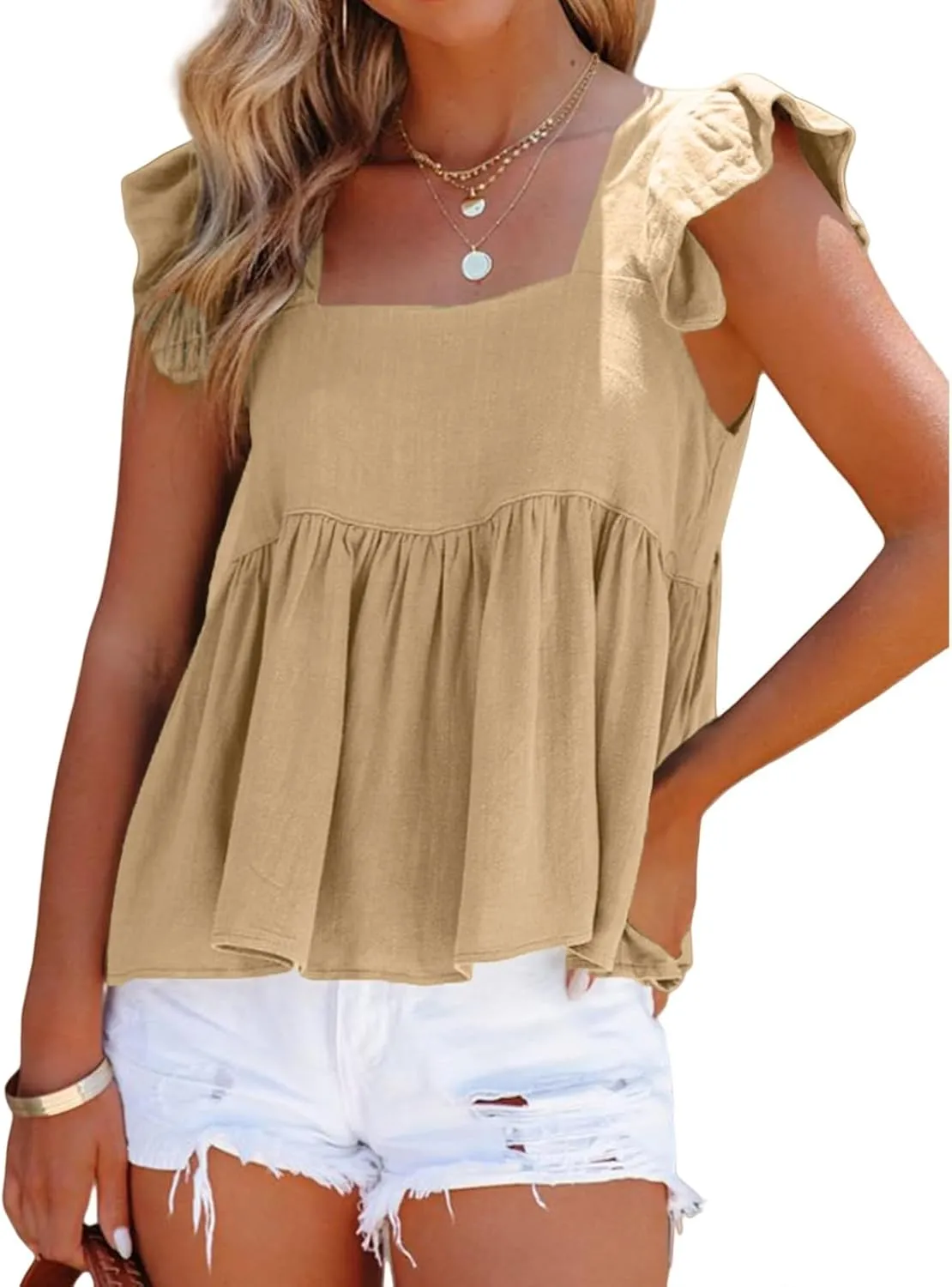 Women's Casual Summer Square Neck Tank Tops Ruffle Strap Sleeveless Peplum Blouse Chiffon Top Shirts