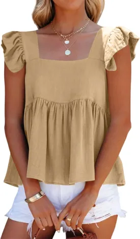 Women's Casual Summer Square Neck Tank Tops Ruffle Strap Sleeveless Peplum Blouse Chiffon Top Shirts