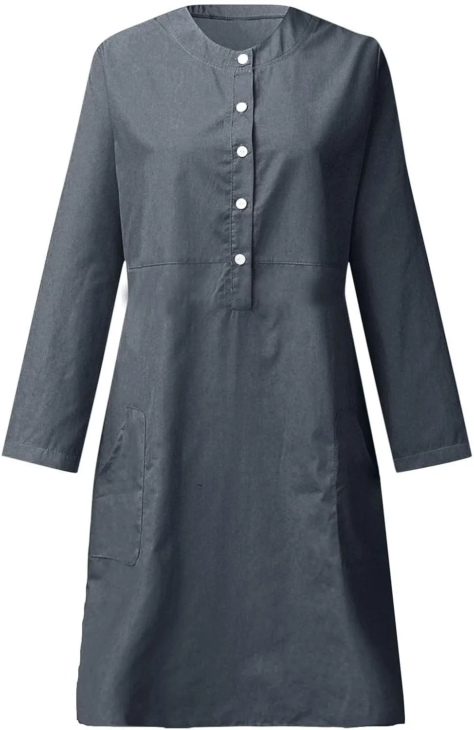 Women's Half Button Down Cotton Linen Dress Long Sleeve Fall Casual Crewneck Knee-Length Dresses with Pockets