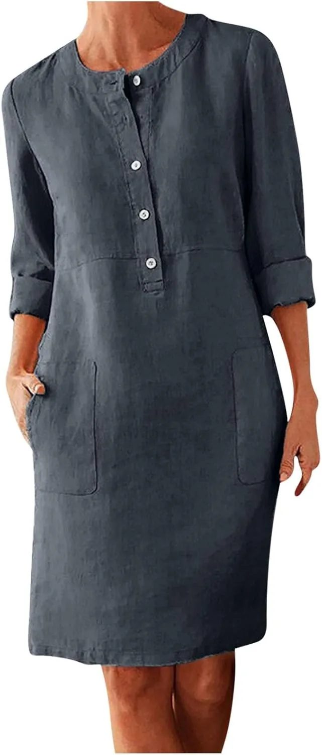 Women's Half Button Down Cotton Linen Dress Long Sleeve Fall Casual Crewneck Knee-Length Dresses with Pockets