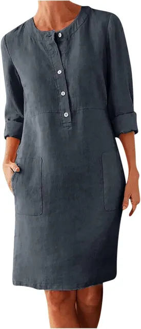 Women's Half Button Down Cotton Linen Dress Long Sleeve Fall Casual Crewneck Knee-Length Dresses with Pockets