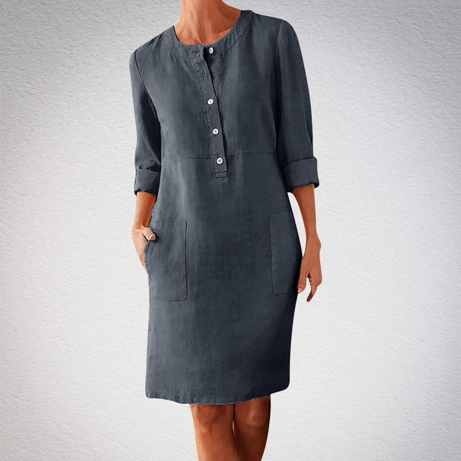 Women's Half Button Down Cotton Linen Dress Long Sleeve Fall Casual Crewneck Knee-Length Dresses with Pockets