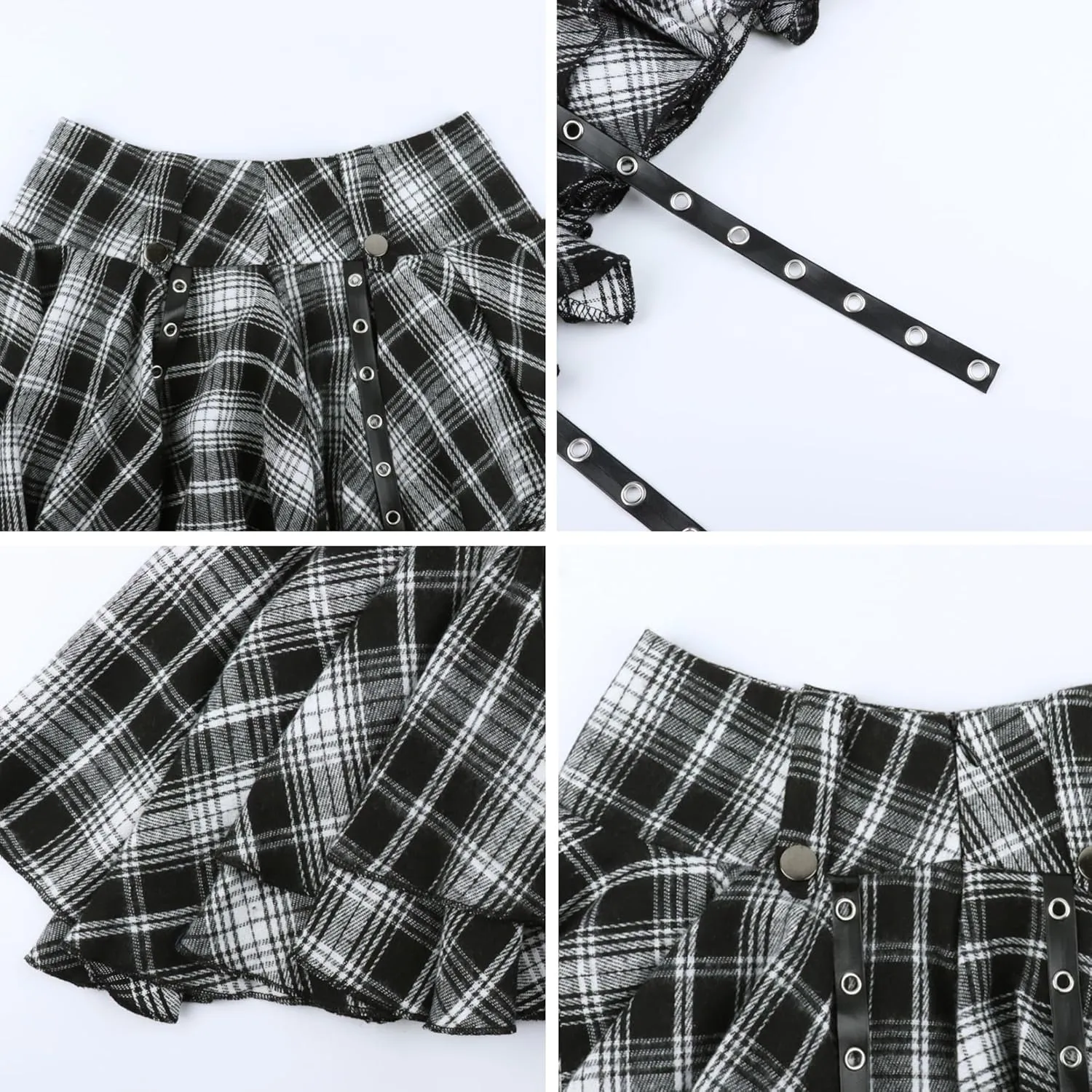 Womens Plaid Skirt Y2k Gothic Clothes High Waisted Irregular Ribbon Puffy Steampunk Mini Skorts