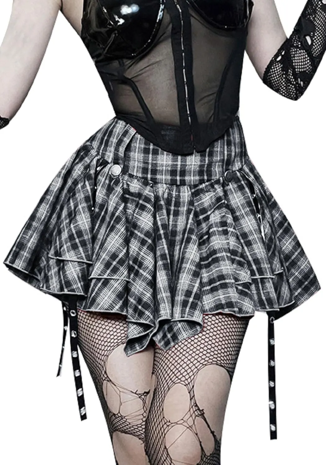 Womens Plaid Skirt Y2k Gothic Clothes High Waisted Irregular Ribbon Puffy Steampunk Mini Skorts