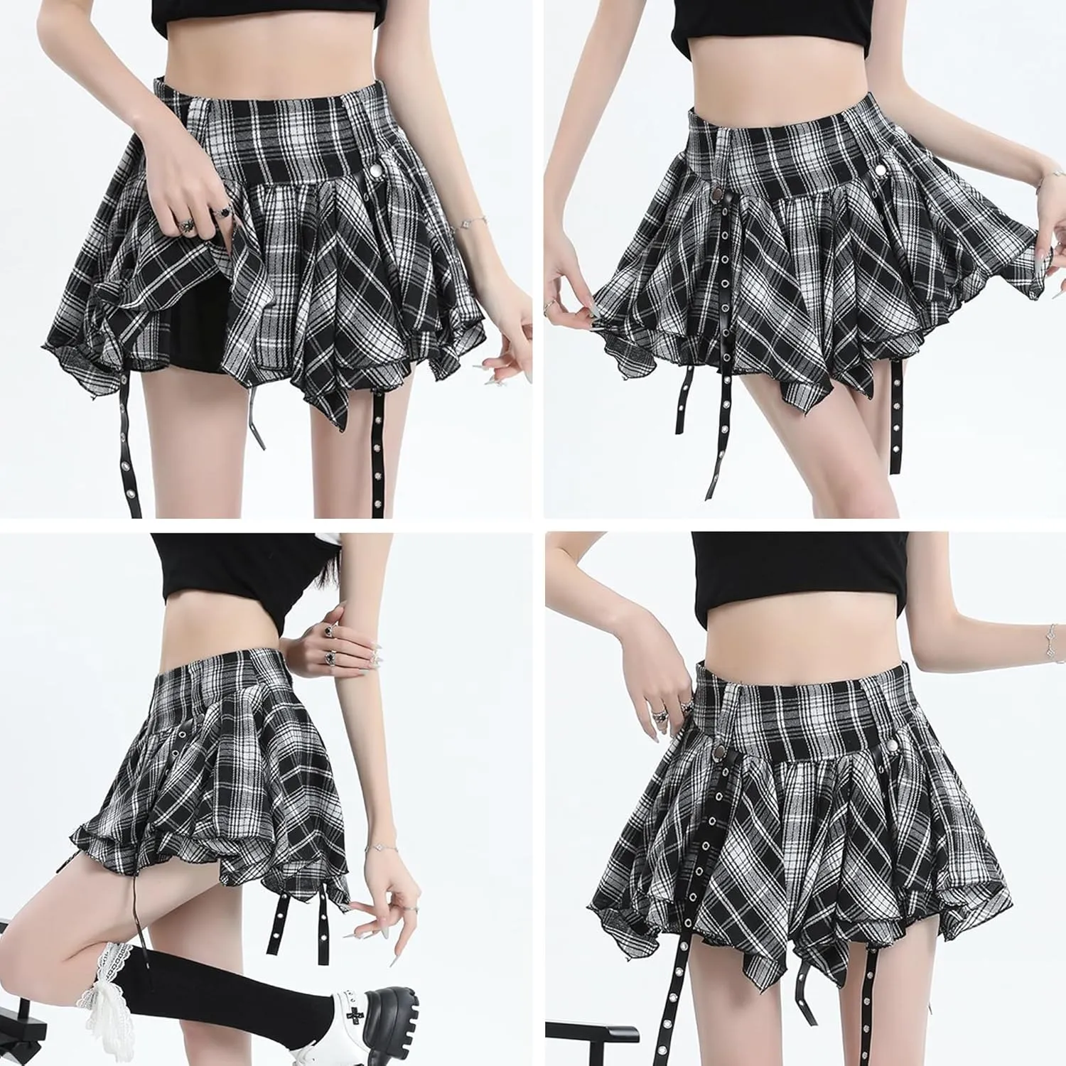 Womens Plaid Skirt Y2k Gothic Clothes High Waisted Irregular Ribbon Puffy Steampunk Mini Skorts