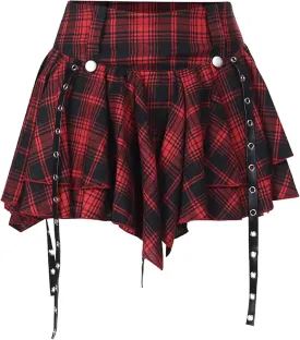 Womens Plaid Skirt Y2k Gothic Clothes High Waisted Irregular Ribbon Puffy Steampunk Mini Skorts
