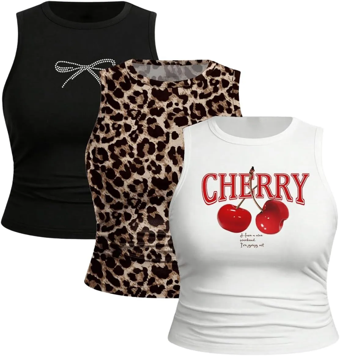 Women's Plus Size 3 Pack Graphic Tank Top Leopard Bow Ruched Crop Tops Sleeveless Summer Clothes