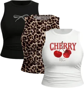 Women's Plus Size 3 Pack Graphic Tank Top Leopard Bow Ruched Crop Tops Sleeveless Summer Clothes