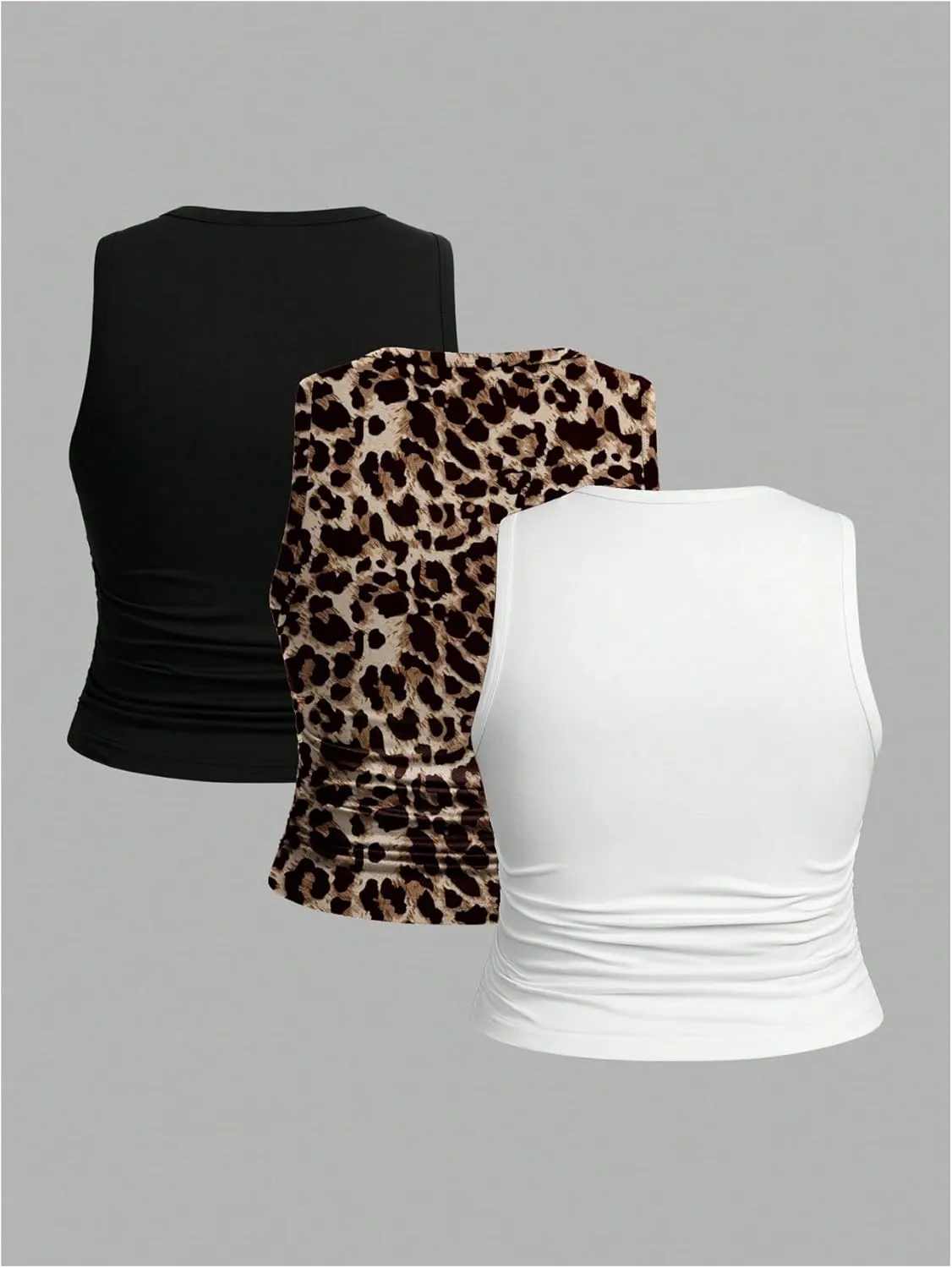Women's Plus Size 3 Pack Graphic Tank Top Leopard Bow Ruched Crop Tops Sleeveless Summer Clothes