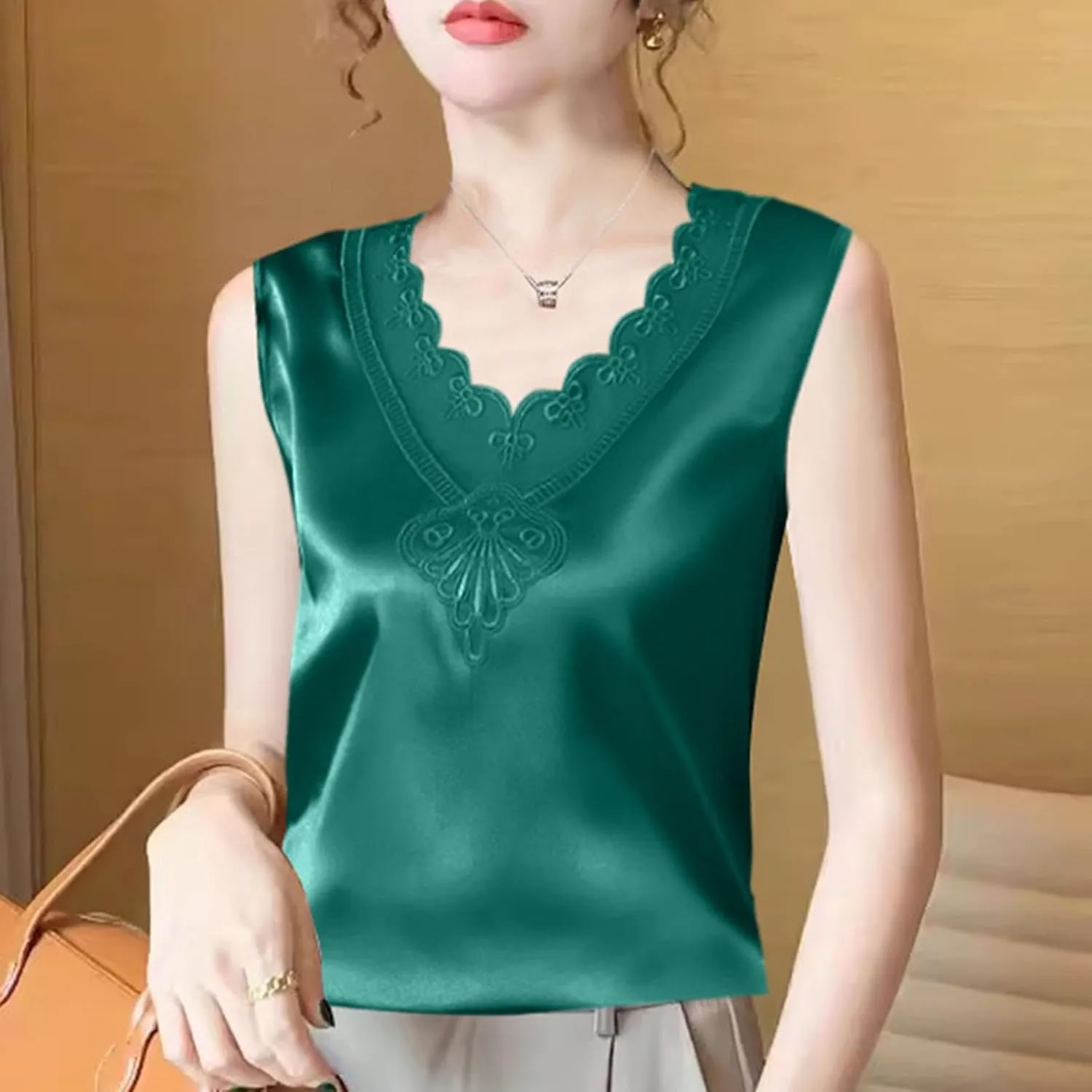 Womens Plus Size Satin Tank Tops Elegant Embroidery Mesh V-Neck Sleeveless Loose Vests Casual Soft Comfy Solid Vest
