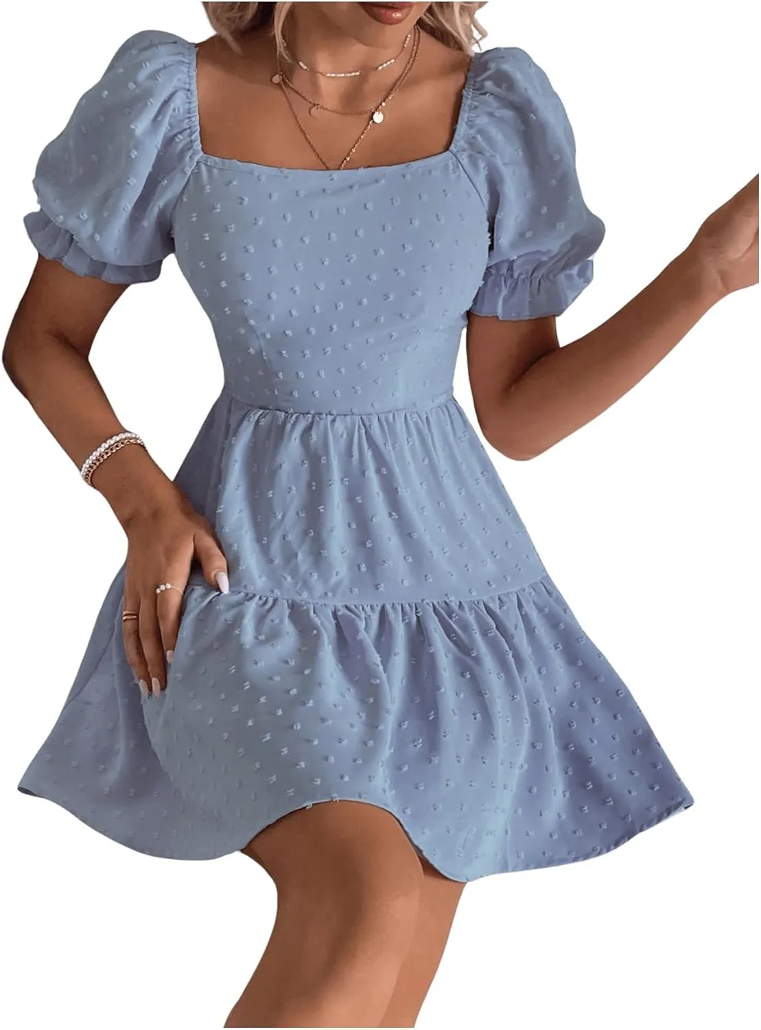 Women's Puff Sleeve Square Neck Ruffle Hem Mini Dress Tie Back High Waist A Line Dresses