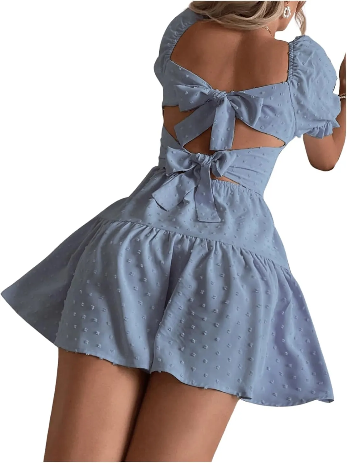 Women's Puff Sleeve Square Neck Ruffle Hem Mini Dress Tie Back High Waist A Line Dresses