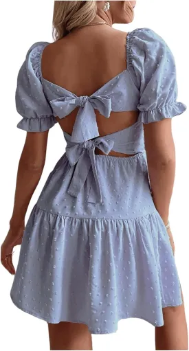 Women's Puff Sleeve Square Neck Ruffle Hem Mini Dress Tie Back High Waist A Line Dresses