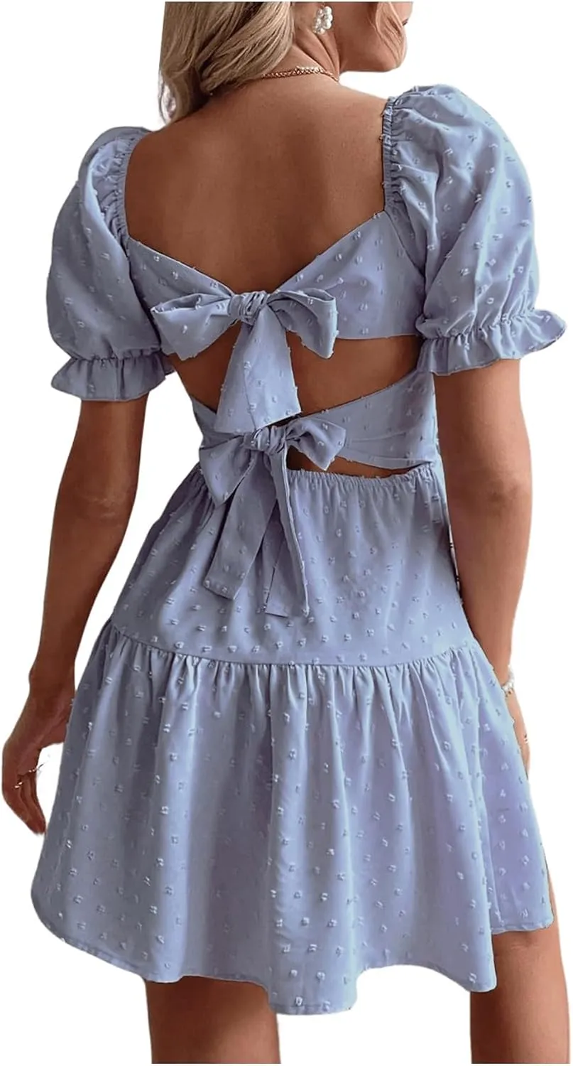 Women's Puff Sleeve Square Neck Ruffle Hem Mini Dress Tie Back High Waist A Line Dresses