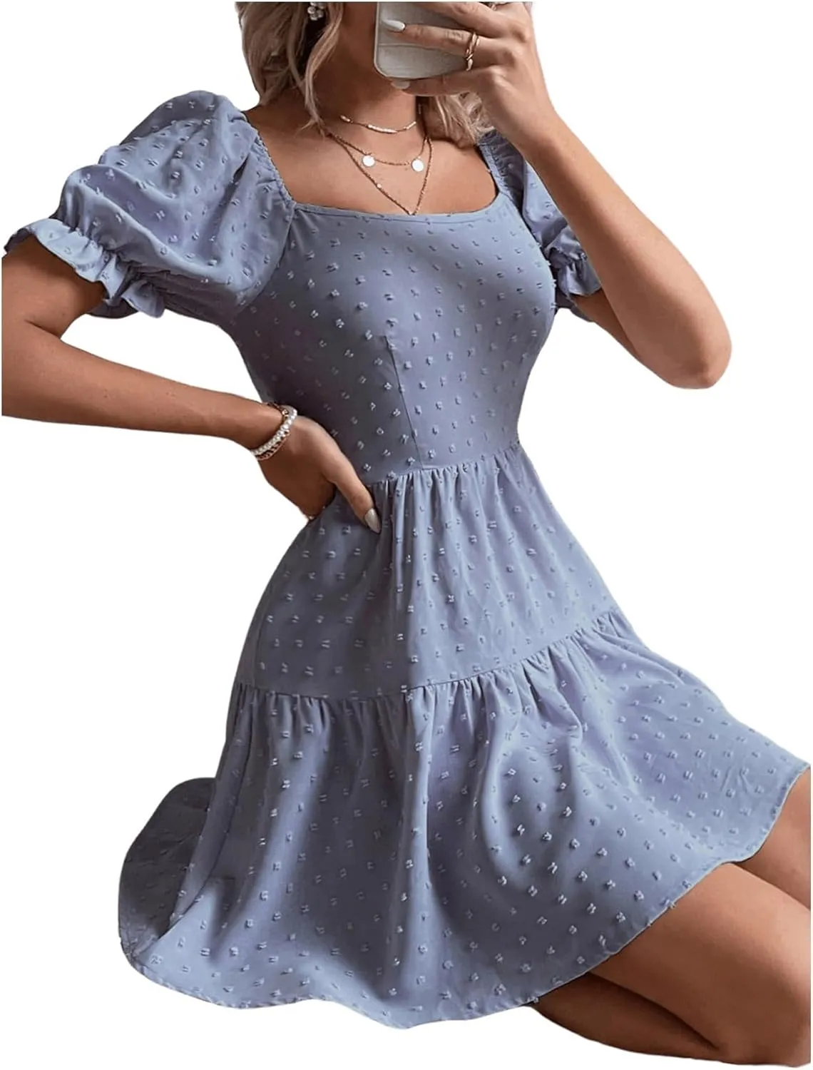 Women's Puff Sleeve Square Neck Ruffle Hem Mini Dress Tie Back High Waist A Line Dresses