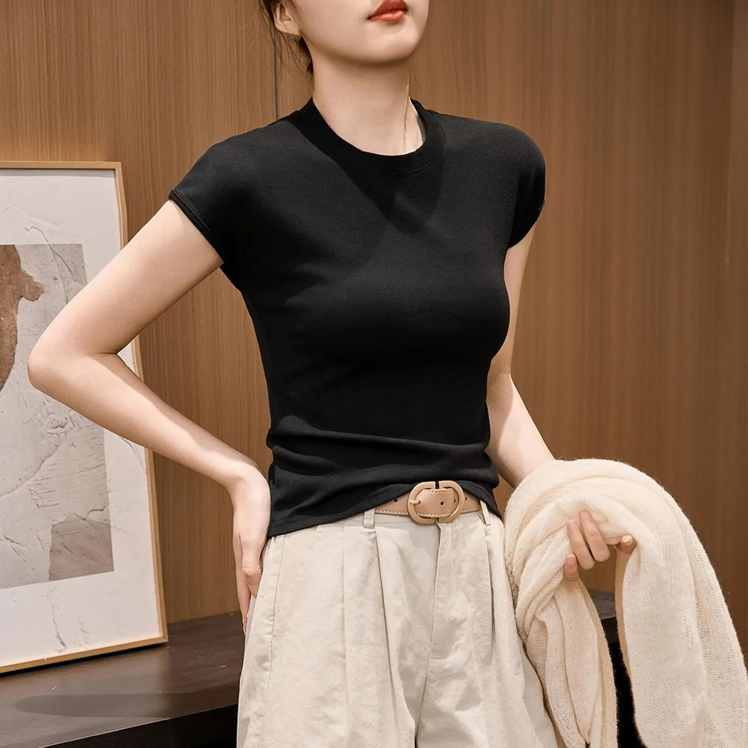 Womens Summer Versatile Tops Casual Slim Comfy Home T-Shirts Cap Sleeves Round Neck Solid Color Tee Shirts 2025