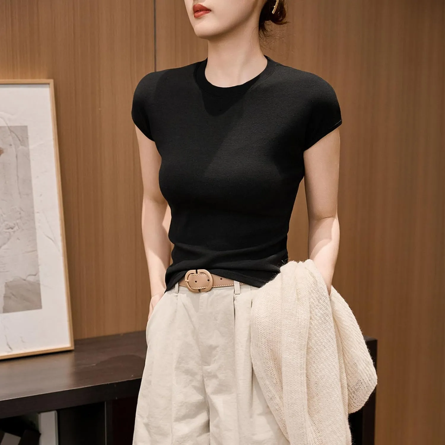 Womens Summer Versatile Tops Casual Slim Comfy Home T-Shirts Cap Sleeves Round Neck Solid Color Tee Shirts 2025