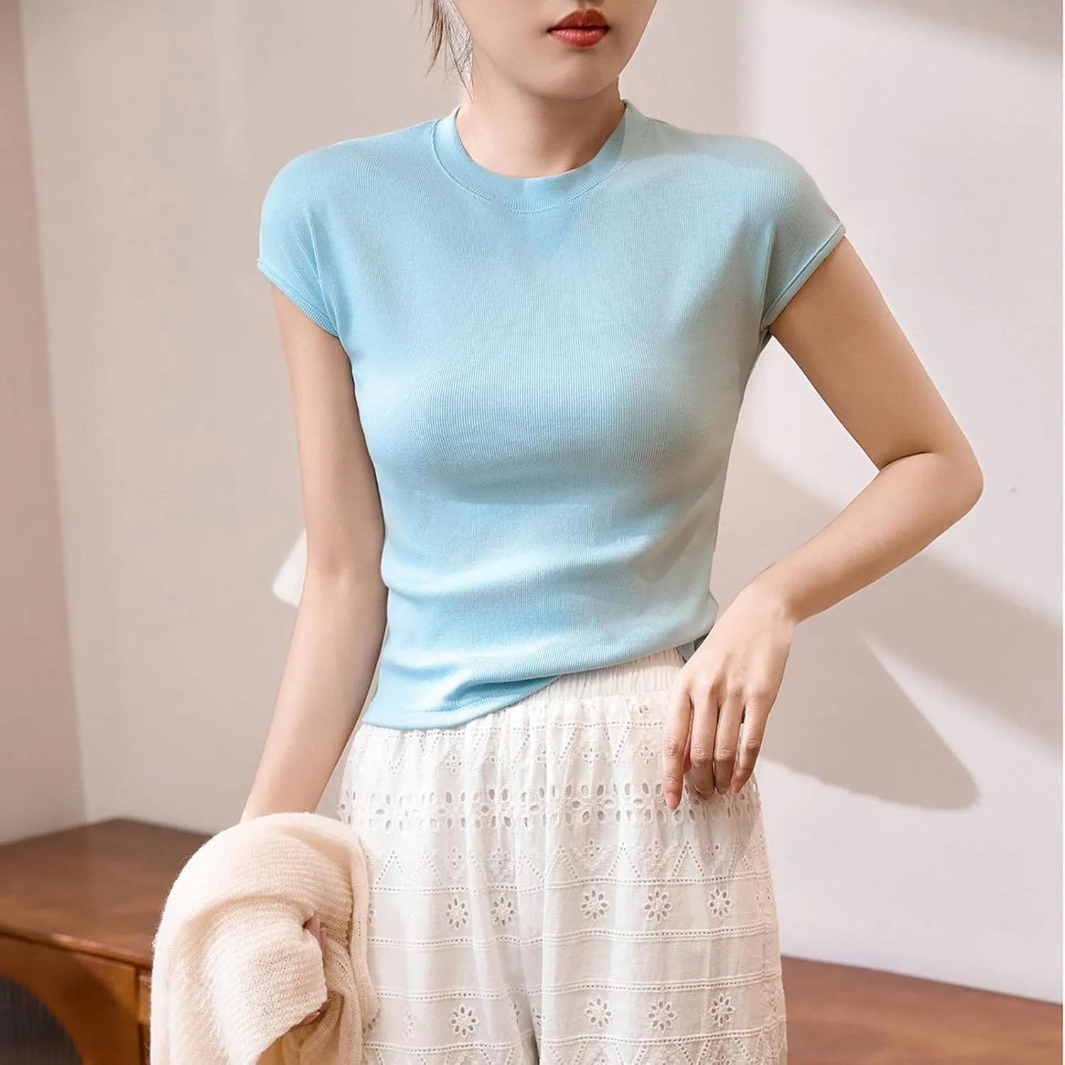 Womens Summer Versatile Tops Casual Slim Comfy Home T-Shirts Cap Sleeves Round Neck Solid Color Tee Shirts 2025