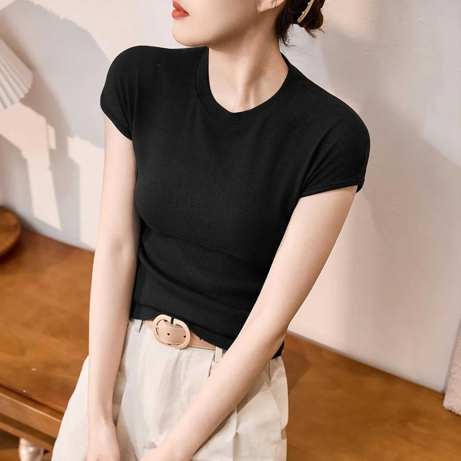 Womens Summer Versatile Tops Casual Slim Comfy Home T-Shirts Cap Sleeves Round Neck Solid Color Tee Shirts 2025