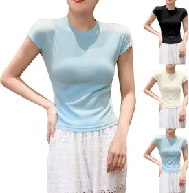Womens Summer Versatile Tops Casual Slim Comfy Home T-Shirts Cap Sleeves Round Neck Solid Color Tee Shirts 2025
