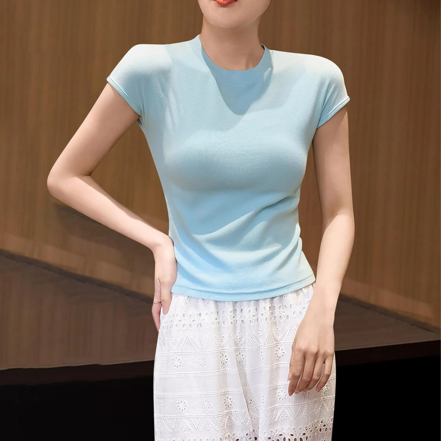 Womens Summer Versatile Tops Casual Slim Comfy Home T-Shirts Cap Sleeves Round Neck Solid Color Tee Shirts 2025