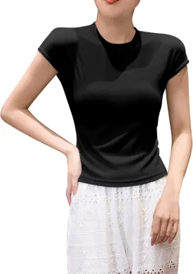 Womens Summer Versatile Tops Casual Slim Comfy Home T-Shirts Cap Sleeves Round Neck Solid Color Tee Shirts 2025