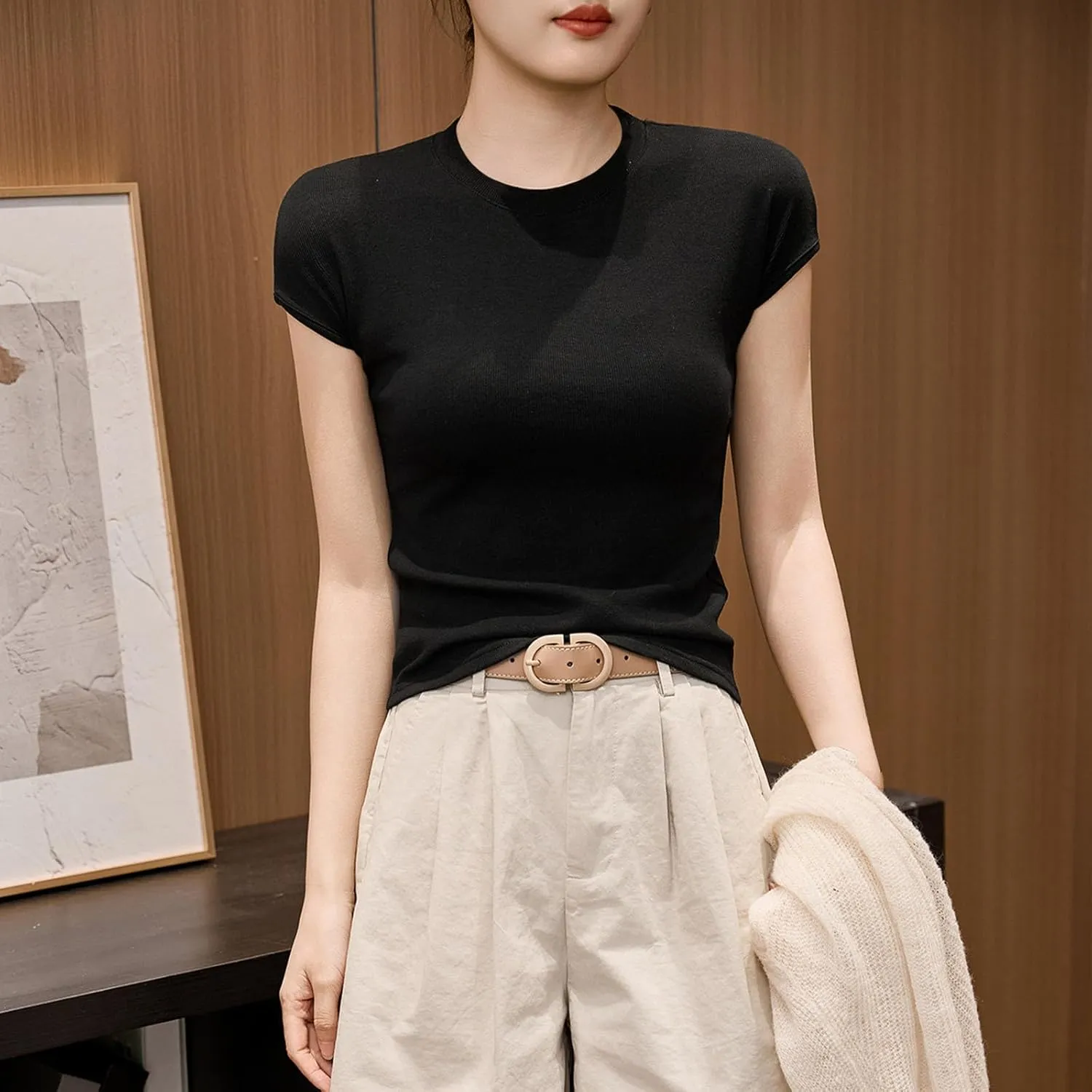 Womens Summer Versatile Tops Casual Slim Comfy Home T-Shirts Cap Sleeves Round Neck Solid Color Tee Shirts 2025