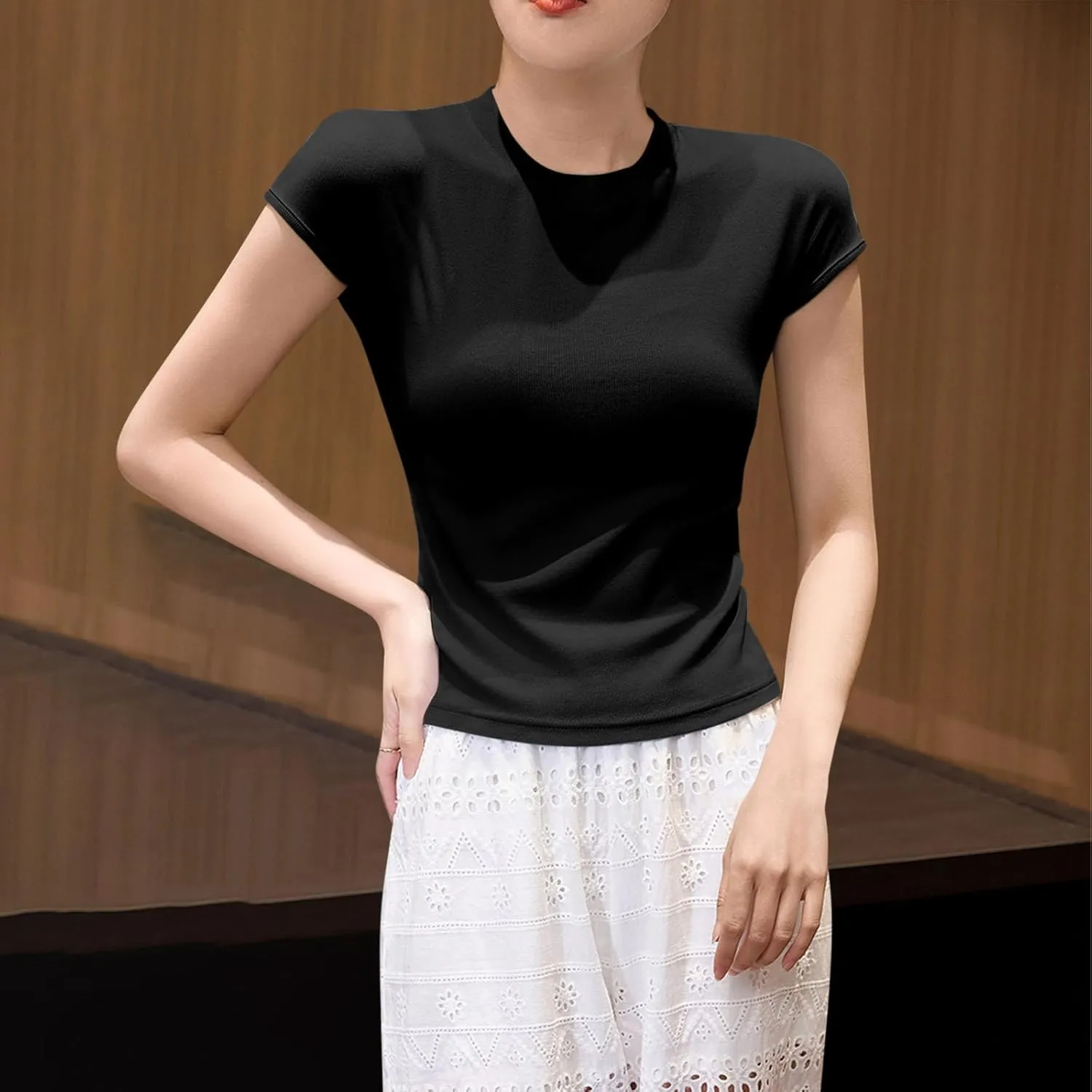 Womens Summer Versatile Tops Casual Slim Comfy Home T-Shirts Cap Sleeves Round Neck Solid Color Tee Shirts 2025