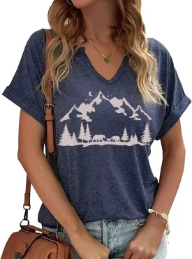 Women's V-Neck Outdoors Shirt Funny Camping Mountain Hiking Nature Lovers Adventure Graphic Tees Tops