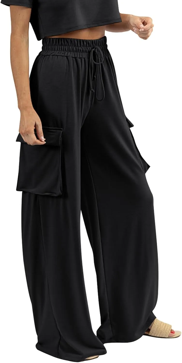 Womens Wide Leg Cargo Pants Flowy Casual Palazzo Pleated Trouser Woman Elastic High Waisted Loose Fit Lounge Pant 2025