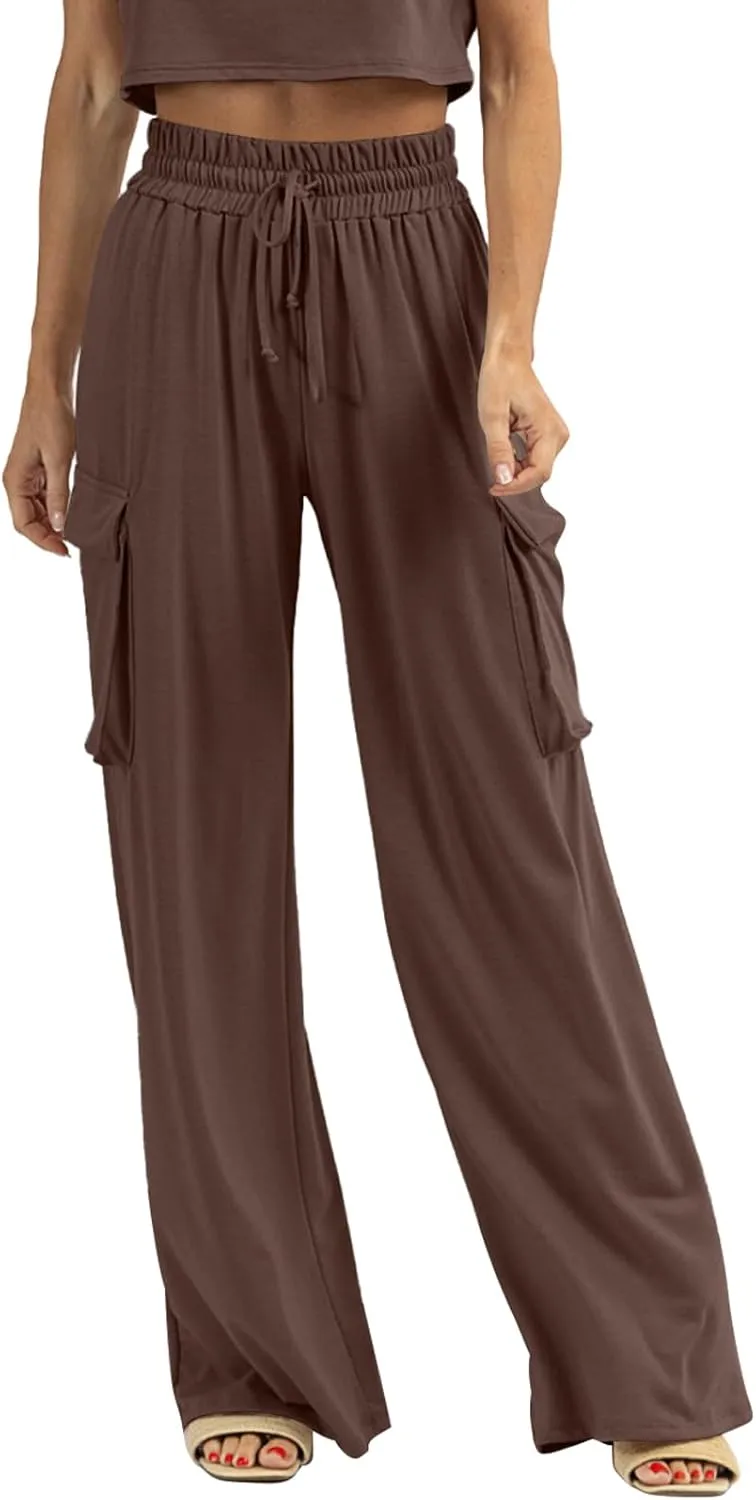 Womens Wide Leg Cargo Pants Flowy Casual Palazzo Pleated Trouser Woman Elastic High Waisted Loose Fit Lounge Pant 2025
