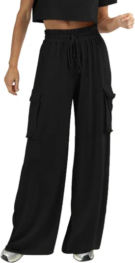 Womens Wide Leg Cargo Pants Flowy Casual Palazzo Pleated Trouser Woman Elastic High Waisted Loose Fit Lounge Pant 2025