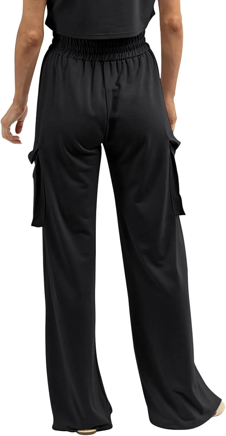 Womens Wide Leg Cargo Pants Flowy Casual Palazzo Pleated Trouser Woman Elastic High Waisted Loose Fit Lounge Pant 2025