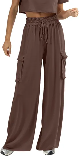 Womens Wide Leg Cargo Pants Flowy Casual Palazzo Pleated Trouser Woman Elastic High Waisted Loose Fit Lounge Pant 2025