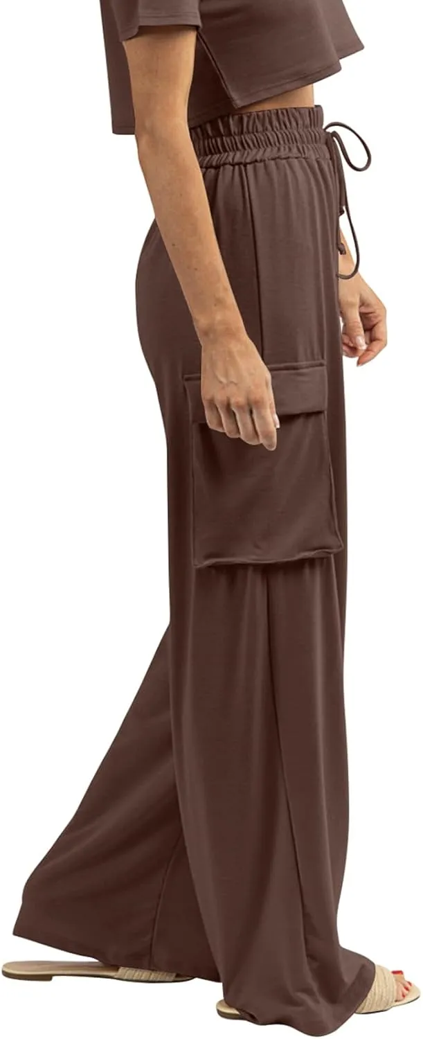 Womens Wide Leg Cargo Pants Flowy Casual Palazzo Pleated Trouser Woman Elastic High Waisted Loose Fit Lounge Pant 2025