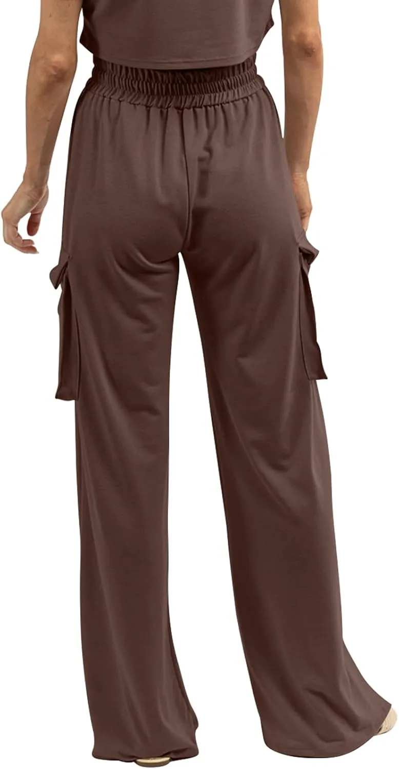 Womens Wide Leg Cargo Pants Flowy Casual Palazzo Pleated Trouser Woman Elastic High Waisted Loose Fit Lounge Pant 2025