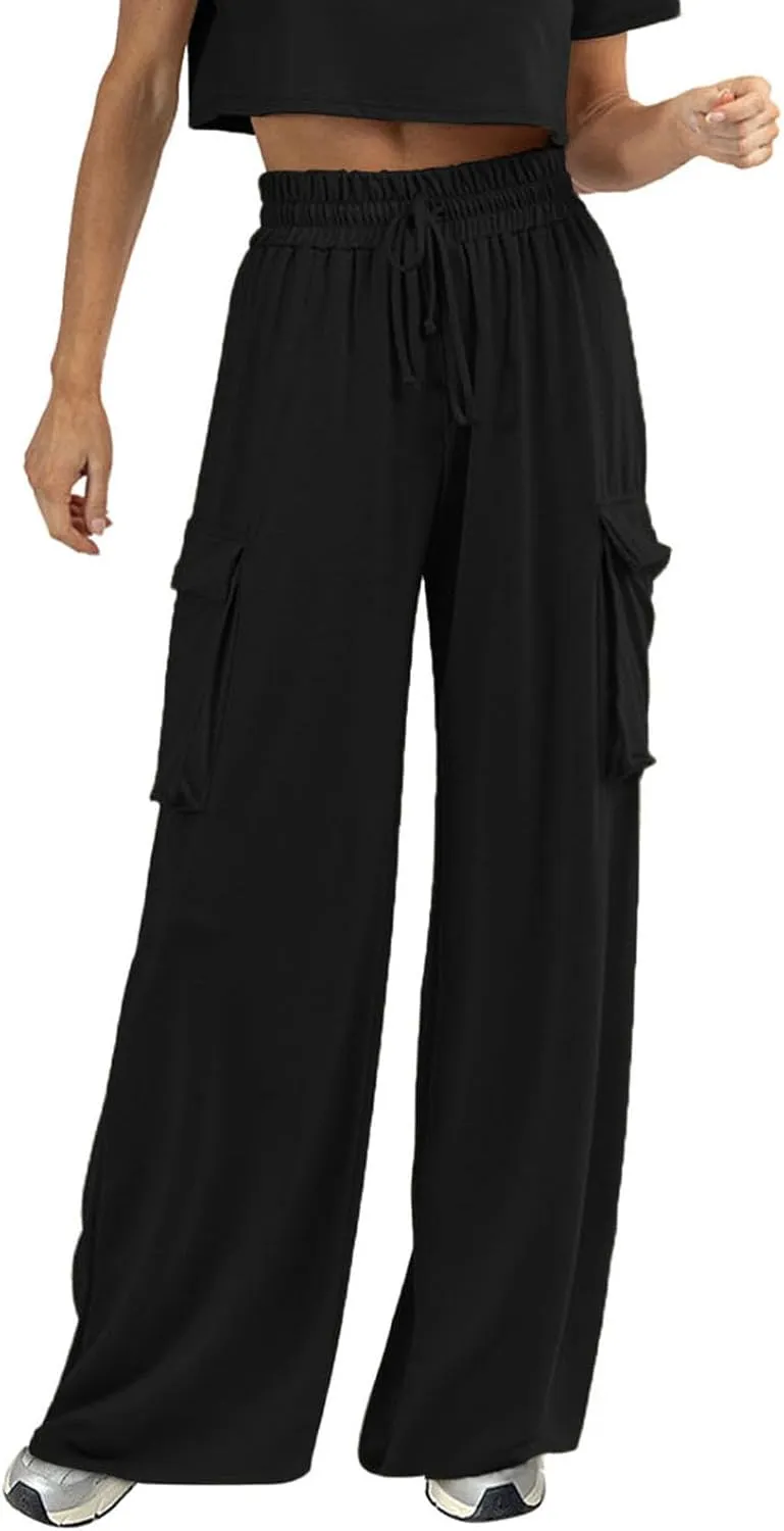 Womens Wide Leg Cargo Pants Flowy Casual Palazzo Pleated Trouser Woman Elastic High Waisted Loose Fit Lounge Pant 2025