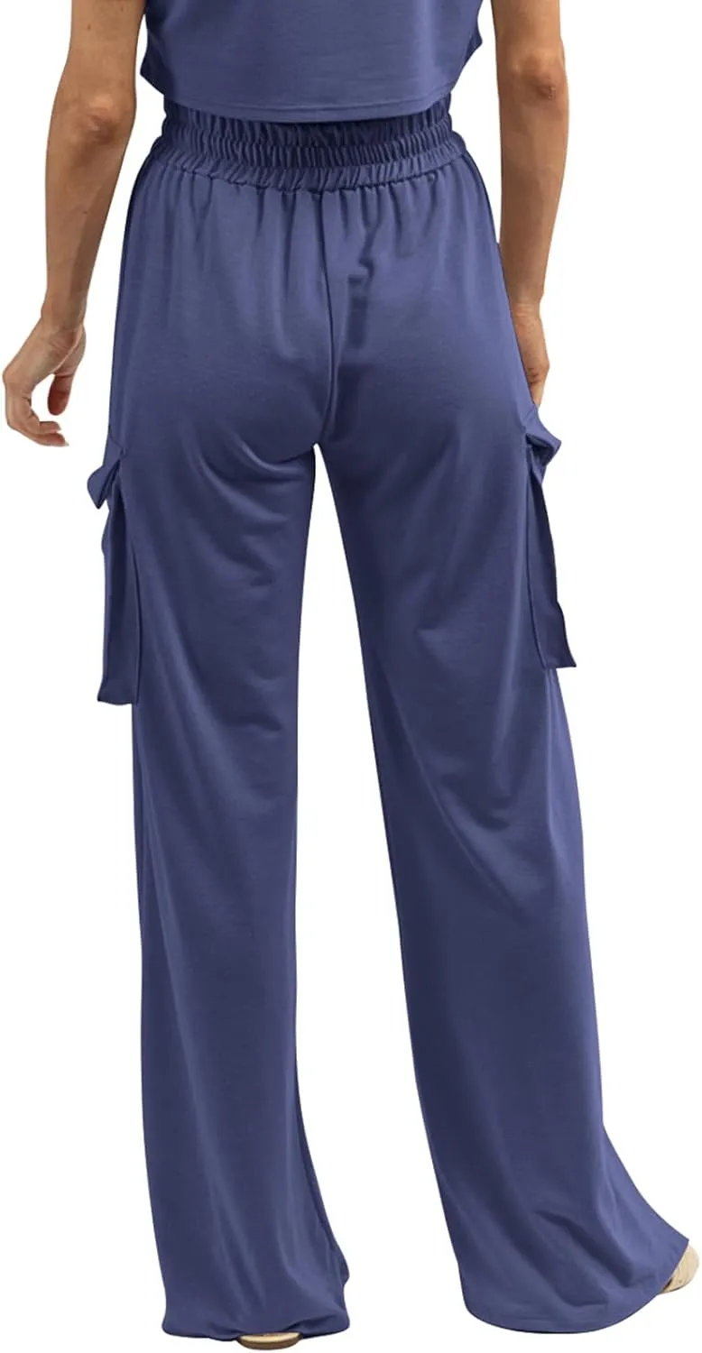 Womens Wide Leg Cargo Pants Flowy Casual Palazzo Pleated Trouser Woman Elastic High Waisted Loose Fit Lounge Pant 2025