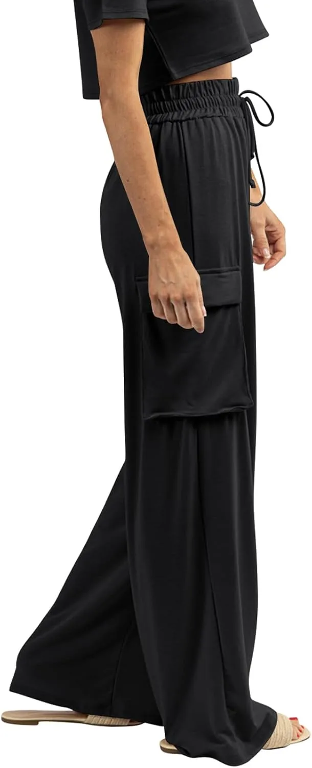 Womens Wide Leg Cargo Pants Flowy Casual Palazzo Pleated Trouser Woman Elastic High Waisted Loose Fit Lounge Pant 2025