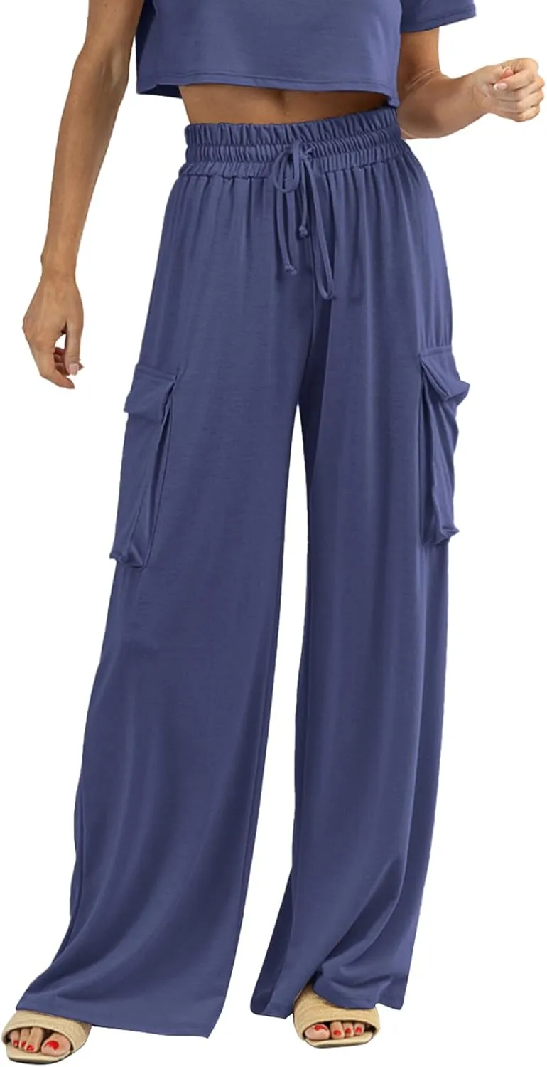 Womens Wide Leg Cargo Pants Flowy Casual Palazzo Pleated Trouser Woman Elastic High Waisted Loose Fit Lounge Pant 2025
